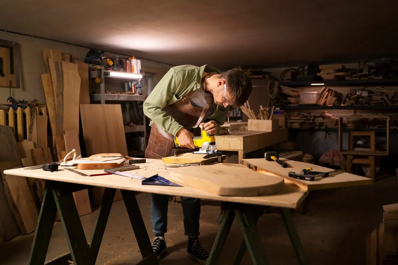 Ganzkörperaufnahme eines Handwerkers beim Holzschneiden.